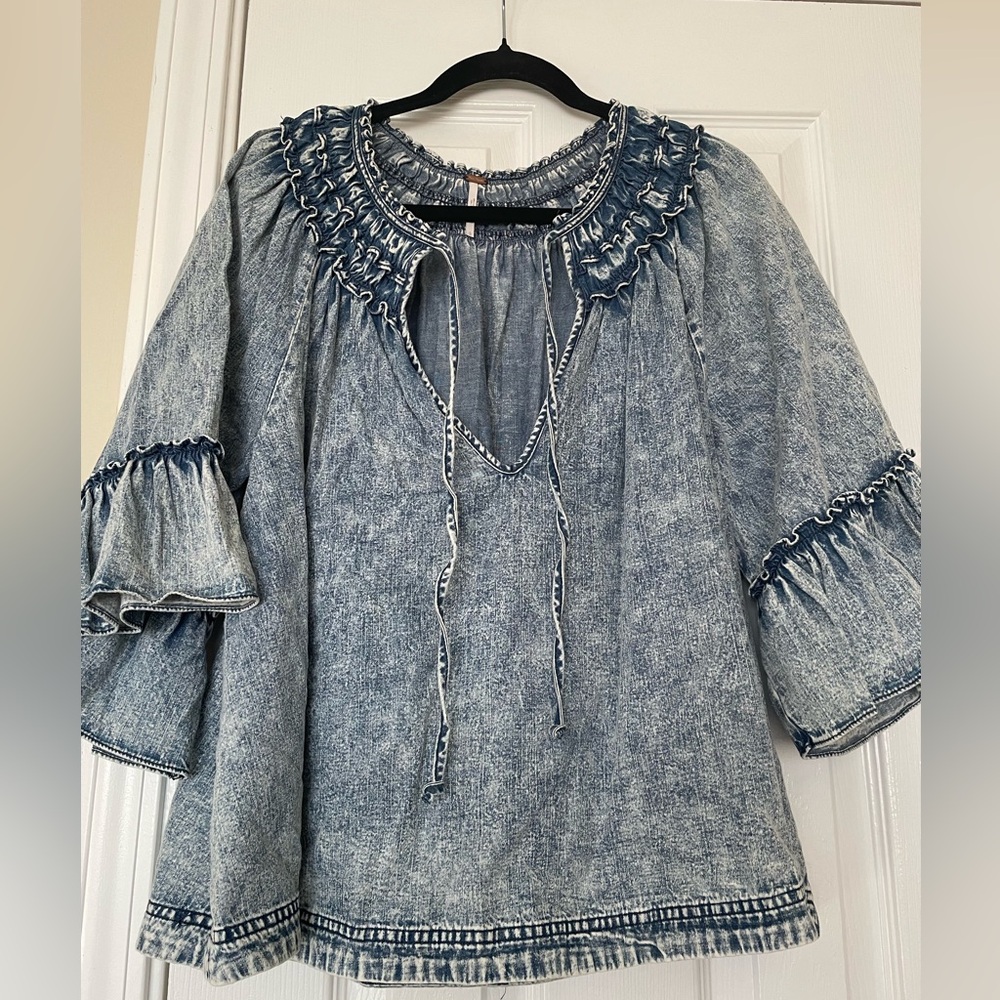 Free People Washed Blue Ruffle Peasant Tunic